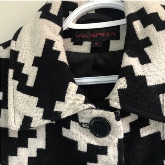 VIA SPIGA CREAM BLACK HOUNDSTOOTH COAT POCKETS FAUX LEATHER BELT SLIT LINED - Picture 3 of 5